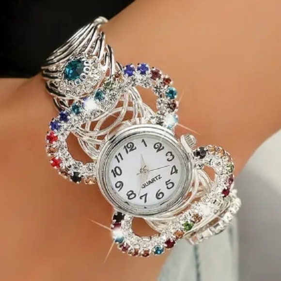 NWOT Boho Round Quartz Watch Colorful Rhinestone Stretch Bangle Watch … - Picture 2 of 3